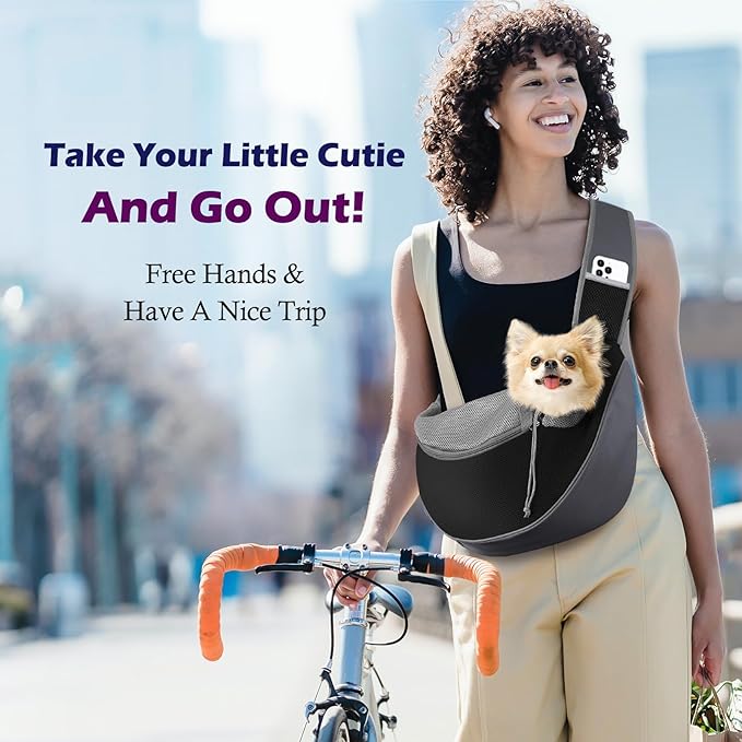 Pawaboo Pet Dog Sling Carrier, Hand Free Drawstring Dog Papoose with Adjustable Strap, Breathable Mesh Bag for Puppy Cat, Crossbody Satchel Dog Purse with Pocket for Outdoor, Dark Gray+Black, Medium