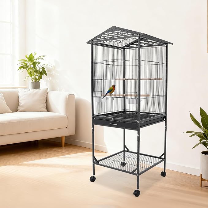 Large Bird Cage with Stand & Wheels, Freestanding Parakeet Birdcage with Wooden Stands & Feeding Cups, 49.2 Inch Bird Flight Cages for Parrot Canaries Cockatiels Budgie Parrotlet (Black-C)