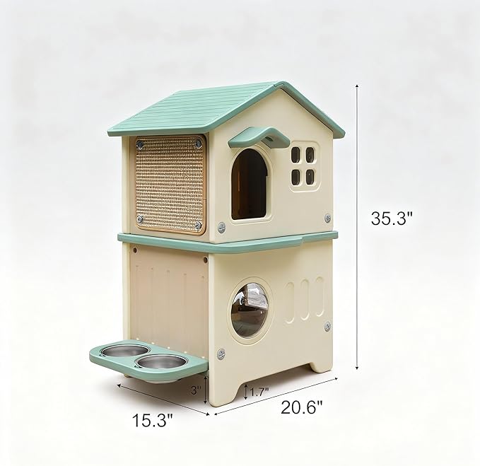 Outdoor Cat House with Insulated Liner, Weatherproof for Feral Multi Cat, 2 Story Plastic Elevated Cat Shelter with Escape Door, Scratching Post, Stainless Steel Bowl, Green 35" D x 15" W x 20" H