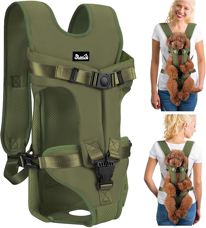 Lukovee Dog Backpack Carrier, Legs Out Easy-fit Dog Front Carrier for Small Medium Dogs, Adjustable Hands Free Dog Chest Carrier for Hiking Cycling (Green,Small)