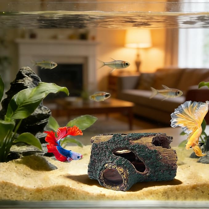 Resin Tree Trunk Aquarium Hideout Decoration, Driftwood Betta Fish Tank Cave, Non Toxic Safe Aquarium Ornament Decorations for Shrimp, Reptile Terrarium Cave Hide Accessories (Trunk)