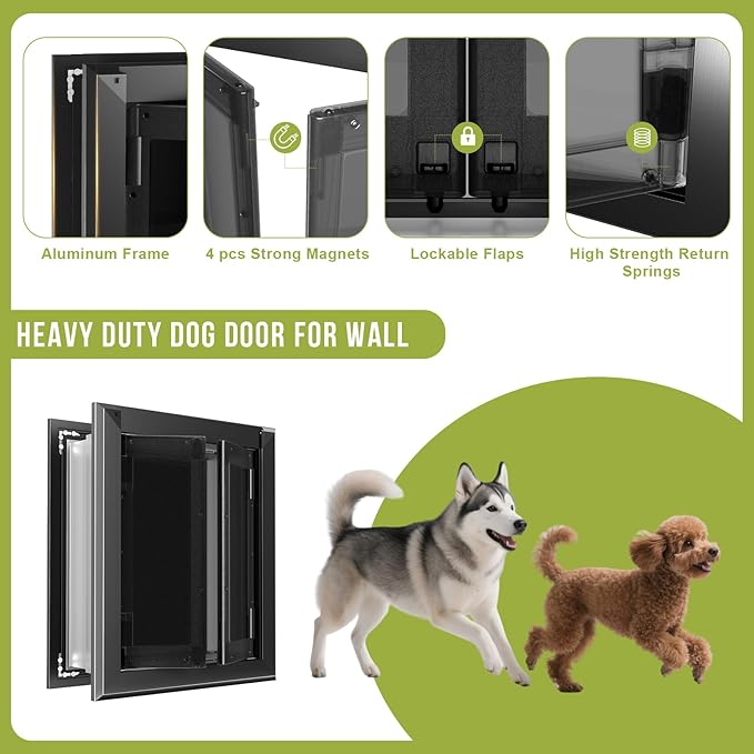 Dog Door for Wall, Heavy Duty Large Dog Door with Aluminum Frame and Telescoping Tunnel, French Style with Magnetic Flaps, Up to 120lbs, Black