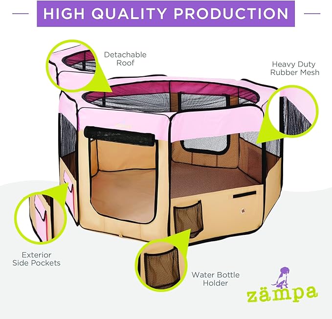 Zampa Puppy Pop Up Portable Playpen for Dog and Cat, Foldable | Indoor/Outdoor Kitten Pen & Travel Pet Carrier + Carrying Case (Pink, Extra Large (80"x80"x36"))