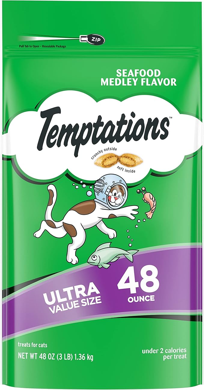 Temptations Cat Treats, Classic Crunchy and Soft Cat Treats, Seafood Medley Flavor, 48 oz. Pouch