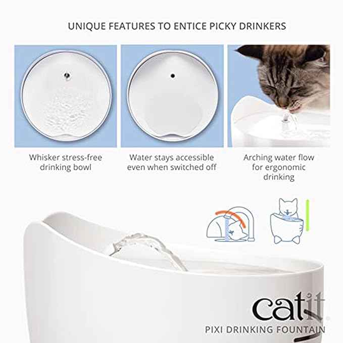 Catit PIXI Drinking Fountain – Cat Water Fountain with Triple Filter and Ergonomic Drinking Options, White