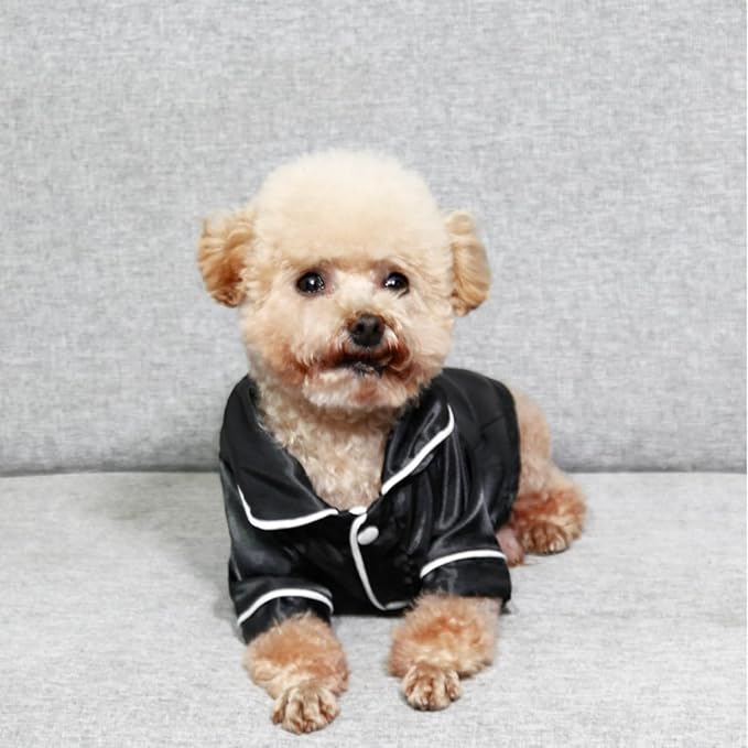 Cat Puppy Costume Elegant Satin Pajamas with Bow Headband 2PCs Set Pet Sleepwear Cute Pet Outfit Cosplay Partywear Photoshoots (Black Set,X-Large)
