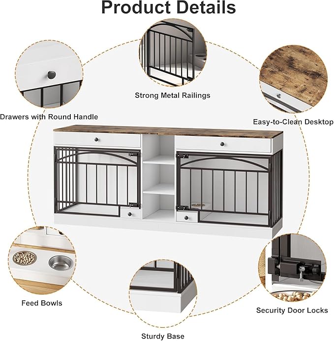 GAOMON Dog Crate Furniture for 2 Dogs, 78.7'' Large Dog Kennel Indoor with 2 Storage Drawers, 3 Shelves and Feeding Bowls, Double Dog Crate TV Stand for Small and Medium Dogs, White