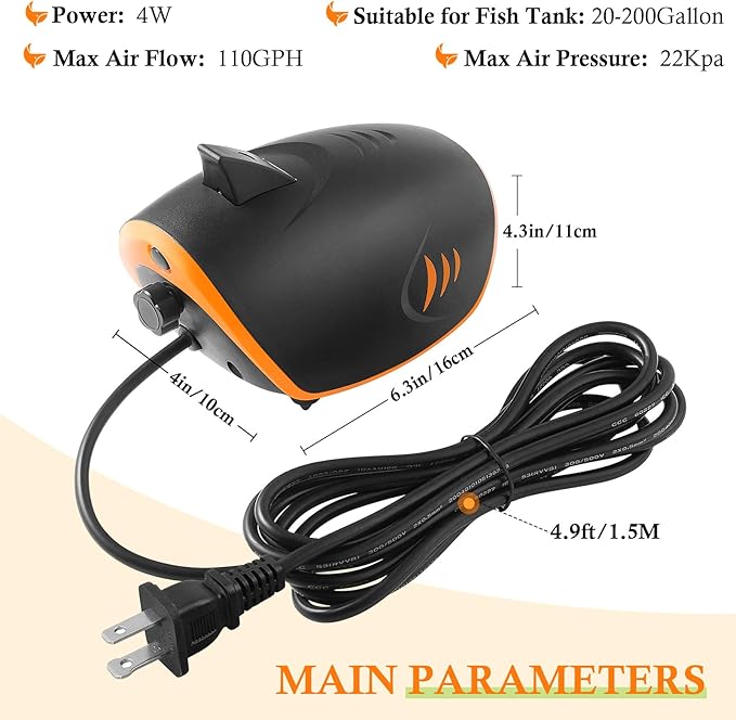 HITOP 4W 110GPH Powerful Aquarium Air Pump, Quiet 2-outlets Aquarium Aerator, Adjustable Fish Tank Air Pump with Accessories, for 20-200 Gallon Tank, with ON/Off Button