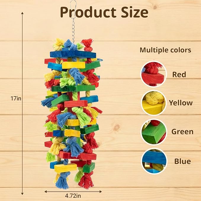 Large Parrot Toys Natural Wood Bird Toy Multicolored Chewing Gifts for Large Medium Macaws, African Grey, Parakeets and Amazon Parrots