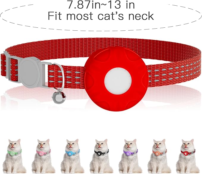GPS Tracker for Cats, Waterproof Pet GPS Tracker, Cat Tracker Collar with Safety Elastic Buckle, Compatible with Apple Find My App (Only iOS), No Monthly Fee, Red