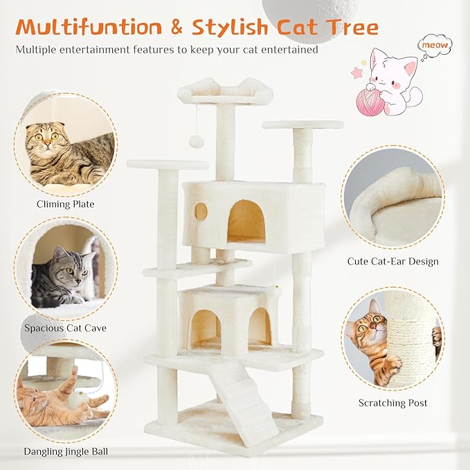 Sweetcrispy 54 Inch Cat Tree Tower, Multi-Level Tower with Cat Scratching Post, Indoor Cat Condo with Climbing Ladder, Plush Toy, Play House for Cat, Beige