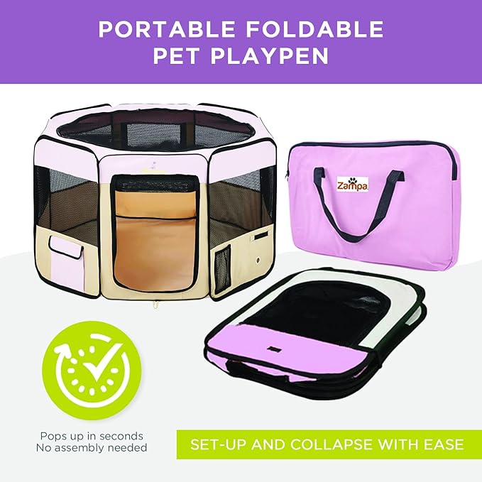 Zampa Puppy Pop Up Portable Playpen for Dog and Cat, Foldable | Indoor/Outdoor Kitten Pen & Travel Pet Carrier + Carrying Case (Pink, Extra Small (29"x29"x17"))