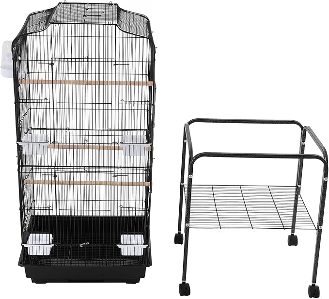 Large Rolling Bird Cage with Stand & Storage Shelf, 4-Tier Stackable Parrot Aviary for Cockatiels, Parakeets & Finches, Metal Birdcage with Slide-Out Tray, Feeding Bowls & Wheels (Black)