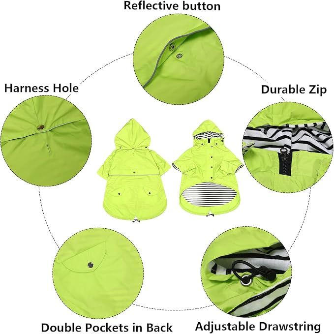 Morezi Dog Zip Up Raincoat with Reflective Buttons, Rain/Water Resistant, Adjustable Drawstring, Removable Hood, Raincoats with Legs 8lbs to 80lbs Available Light Green L