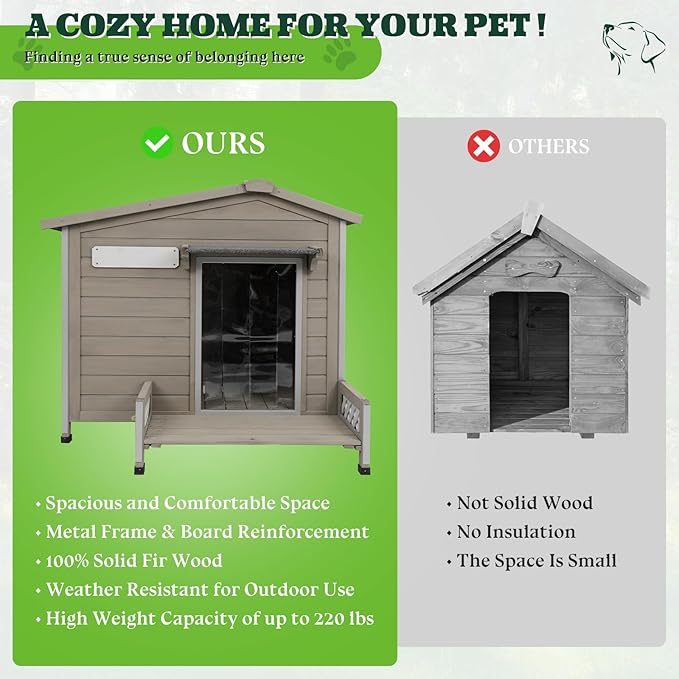 Dog House Outdoor Weatherproof & Wooden Indoor Dog Kennel with Chew-Proof Iron Frame，Removable Floor, Recreational Steps and Adjustable Window, Easy Assembly(Gray,34" L × 28" W × 28" H)