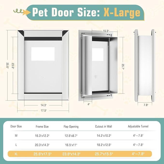 Extra Large Pet Door for Wall Dog Door, 2-Flap XLarge Doggie Door for Exterior Wall, Sliding Lock Panel, for Pets Up to 220 lbs.