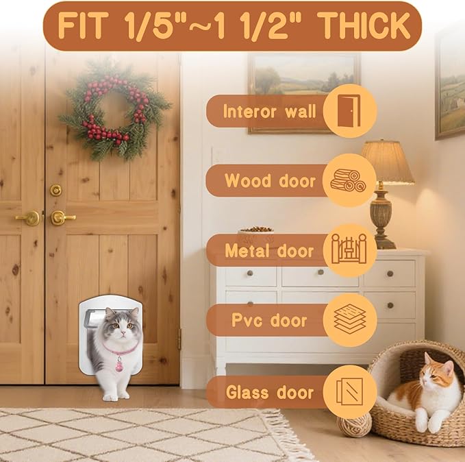 HIDROSIL Cat Door with Magnetic Keys, Suitable Interior/Exterior Door with Collar Sensor, 4 Locking Model, 11.5 x 9 x 1.5 inch Frame, White