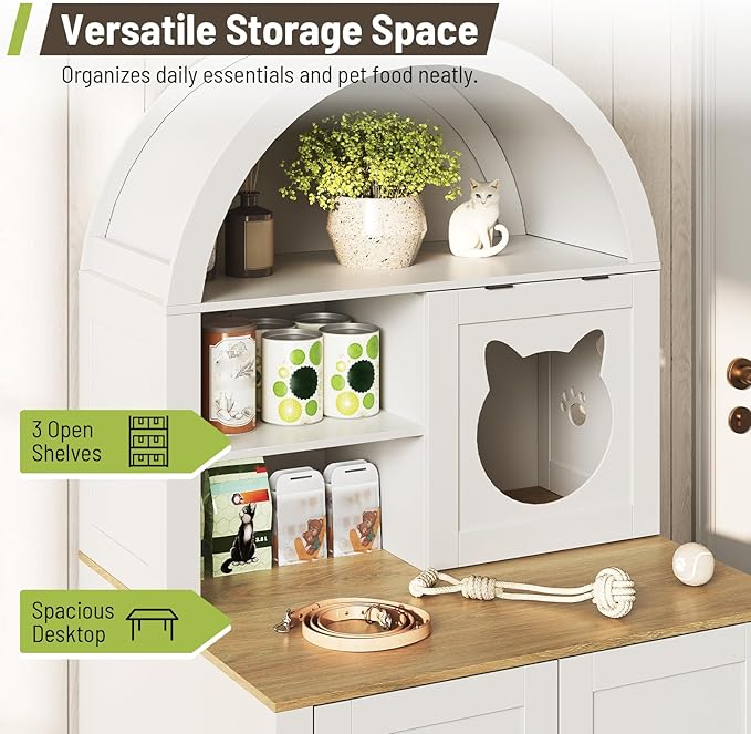 63" Large Cat Litter Box Enclosure Furniture, Arched Hidden Litter Box Cabinet with 3 Storage Shelves and Ventilation Holes, Wooden Cat House with Flip-Up Door, White and Natural