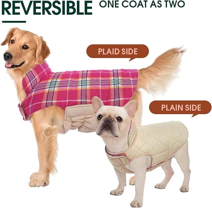 Kuoser Warm Dog Coat, Waterproof Dog Jacket for Extra Large Dogs, Adjustable Durable XXL Doggie Winter Coat Reversible Puppy Cold Weather Apparel from Small to Large Breed, Rose XXL
