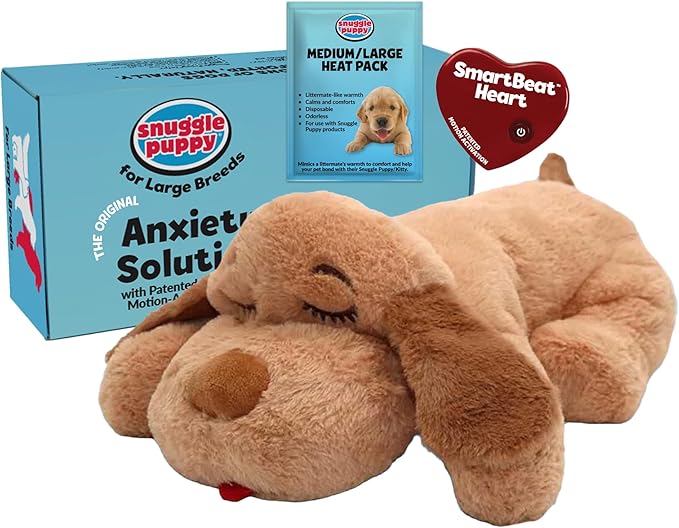 Snuggle Puppy Heartbeat Puppy Toy for Large Breeds, Plush Dog Toy with Real-Feel Pulse and Heat Pack for Crate Time, First Nights, and Rest - Biscuit