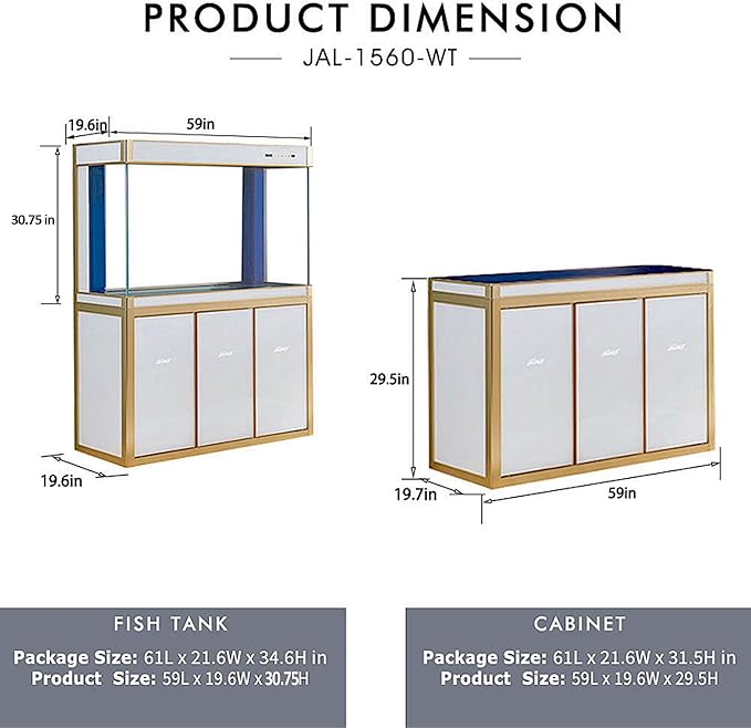 175 Gallon Glass Aquarium with Aluminum Cabinet - Including Sump for Filtration and Circulation, Plumbing, LED, White with Gold Trim