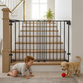 Mumeasy 29.5-43.3" Baby Gate for Stairs, No Bottom Bar Dog Gate with Removable Door & Slide-Adjust Drill Mount, Extra Wide Stairway & Hallway Walk Thru Pet Safety Gate for Doorways, Kitchen (Black)