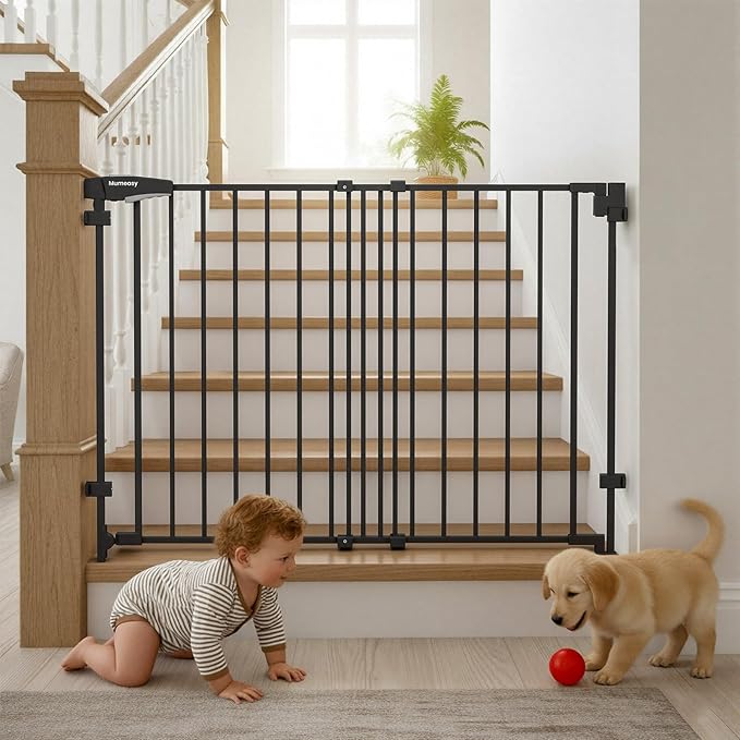 Mumeasy 29.5-43.3" Baby Gate for Stairs, No Bottom Bar Dog Gate with Removable Door & Slide-Adjust Drill Mount, Extra Wide Stairway & Hallway Walk Thru Pet Safety Gate for Doorways, Kitchen (Black)