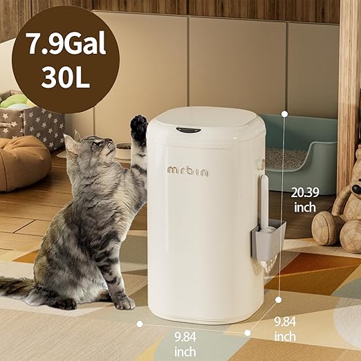 MRBIN Cat Litter Trash can Adsorption Metal, 30L / 7.9gal Automatic Absorbing Bag Diaper Pail, Garbage Bin with Wheels, cat Poop Odor Control Litter Box, Motion Sensor