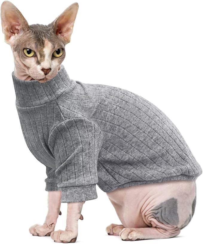 Idepet Sphynx Hairless Cats Sweater Shirt Kitten Soft Puppy Clothes Pullover Cute Cat Pajamas Jumpsuit Cotton Apparel Pet Winter Turtleneck for Cats and Teacup Chihuahua Small Dogs(Gray,XS)