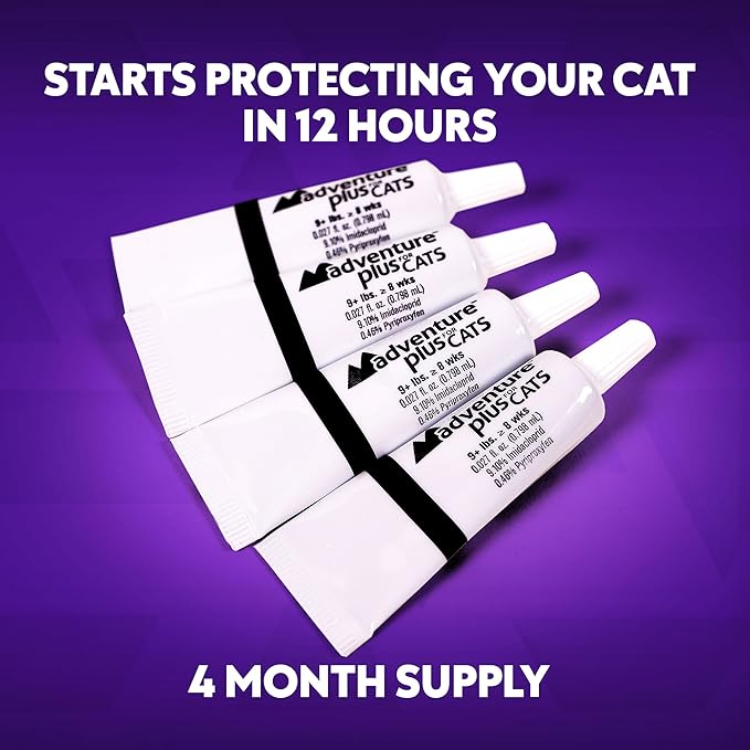 Adventure Plus Triple Flea Protection for Cats – Spot on Flea & Tick Prevention for Cats 9lbs & over – 4 Doses