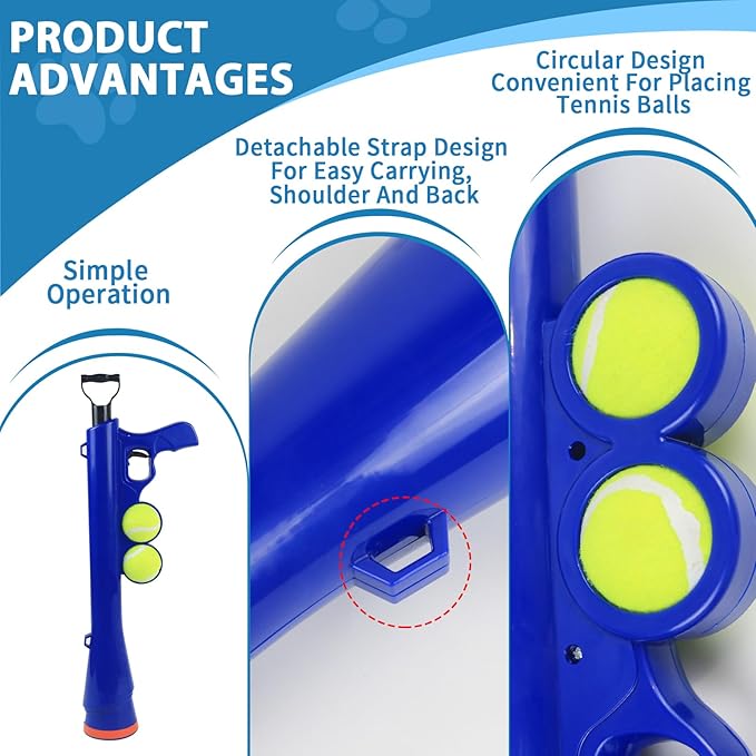 Dog Ball Launcher for Pet, Dog Ball Thrower Launcher with 2 Tennis Balls & Shoulder Strap, 23.4" Long-Range Ball Launcher Toy for All Dog Breeds, Blue