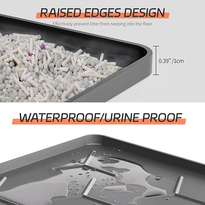Silicone Cat Litter Mat with Raised Edges, Waterproof/Urineproof, Litter-Collecting Interior Ridges, Soft & Pet-Friendly (24"x16"-Dark Grey)