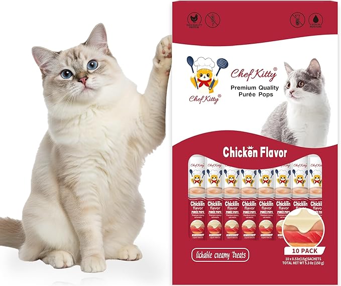 Cat Treats Lickable | Grain-Free Cat Food Toppers, High Protein | Creamy Puree Squeeze Ups with Vitamin E & Taurine, Digestible Formula | 0.5 oz. Each Tube, Chicken Flavor | 10 Tubes