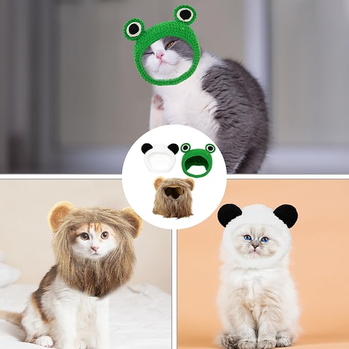 3PCS Cat Wig Costume Set with Panda, Lion Mane and Frog Designs, Cat Wig, Soft and Comfortable Pet Hats for Photo Shoots and Parties, Fits Most Cats