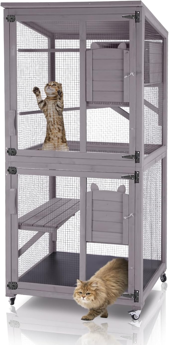 Aivituvin Catio Outdoor Cat Enclosure Wooden Cat Cage with Window Access Large Kitty House on Wheels Indoor Patio (Large)