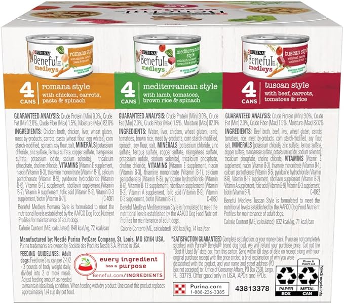 Purina Beneful Wet Dog Food Variety Pack, Medleys Tuscan, Romana & Mediterranean Style - (2 Packs of 12) 3 oz. Cans