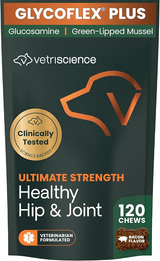 VetriScience Ultimate Strength Healthy Hip & Joint Chews, GlycoFlex Glucosamine, Chondroitin and Green-Lipped Mussel Joint Support Supplement for Dogs, Soothe Joint Discomfort, Bacon, 120 Count