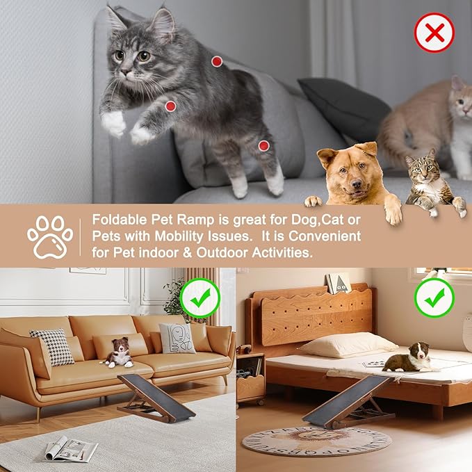 SLSY Dog Ramp for Bed, Couch & Car, Foldable Pet Ramp for Small Dogs and Cats, 4 Adjustable Heights 13.7''–19.6", Portable Stable Wooden Pet Steps with Non-Slip Pad for Sofa or Stairs