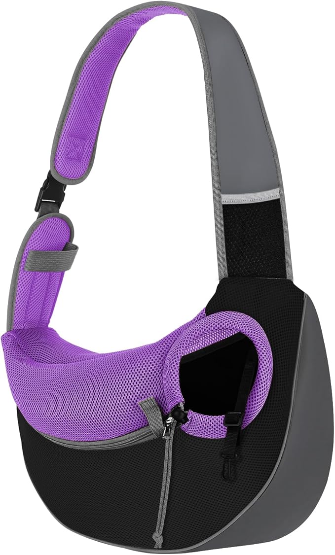 Pawaboo Dog Sling Carrier, Hand Free Breathable Mesh Bag for Puppy Cat, Drawstring Dog Papoose with Adjustable Strap and Pocket, Crossbody Satchel Dogs Purse for Outdoor Travel, M, Deep Purple