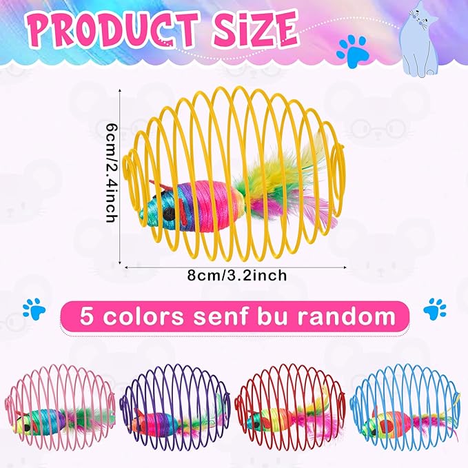 Jecery 5 Pcs 5 Pcs Cat Spring Balls Toys Stretchable Rolling Balls Colorful Playful Coils Interactive Spring Action Toy Caged Rats for Kitten Cat Pet Supplies (Mouse, Rainbow Color)