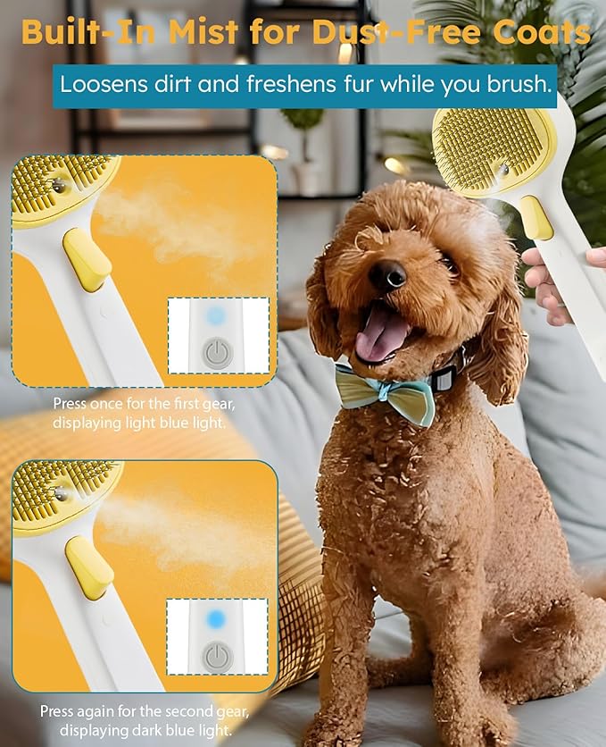 Cat Steam Brush for Cats & Dogs, Pet Steam Brush 3-in-1 with 2 Mist Modes, One-Touch Self Cleaning, Magnetic Safe Charging, Cat Hair Brush for Shedding, Dog Brush for Shedding, Yellow