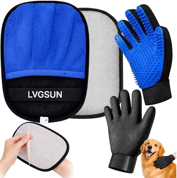 Pet Hair Remover Gloves System – 3-in-1 Set: 2 Grooming Mitts + 1 Reusable Pad for Dogs, Cats & Horses – Professional Shedding Brush for Long & Short Hair
