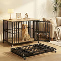 43" Dog Crate Furniture Foldable, Large Dog Kennel Furniture with Swing-Out Bowl & Dual Base Sets (Feet+Wheel), No Assembly Foldable Dog Crate Furniture, End Table for Large Dogs, Warm Gray