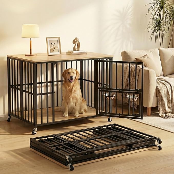 43" Dog Crate Furniture Foldable, Large Dog Kennel Furniture with Swing-Out Bowl & Dual Base Sets (Feet+Wheel), No Assembly Foldable Dog Crate Furniture, End Table for Large Dogs, Warm Gray