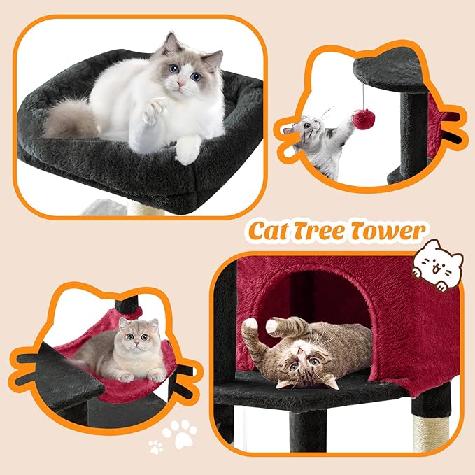 Sweetcrispy 44 Inch Cat Tree Tower, Cat Climbing Tower with Natural Sisal Scratching Posts, Hammock, Pet Condo for Indoor Cats and Kittens Play, Black and Red