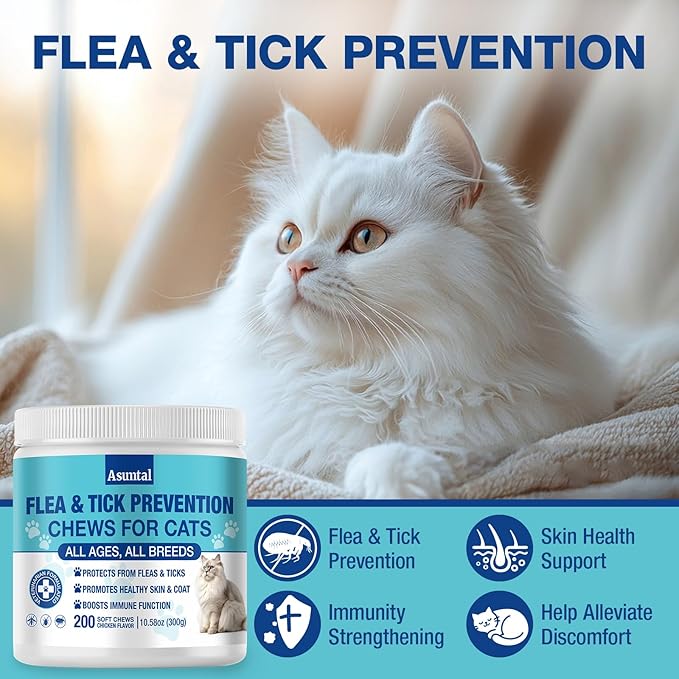 Flea and Tick Prevention for Cats Chewable, Natural Cat Flea Treatment, Oral Kitten Cat Flea & Tick Control, Flea Pills Supplement with Vitamins Support Immune, Skin & Coat, 200 Soft Chews (Chicken)