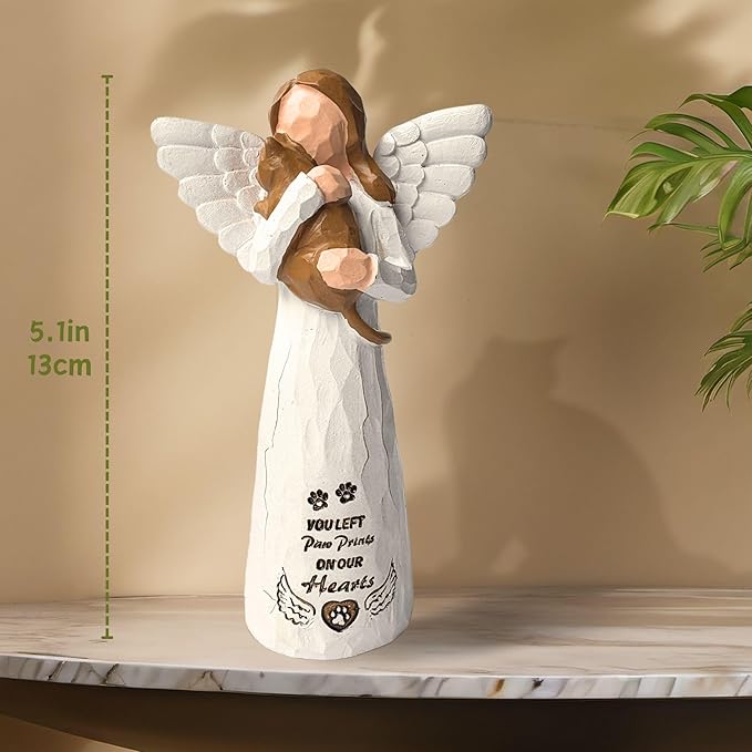 Brown Cat Memorial Angel Statue, Polyresin, Contemporary Religious Style, Tabletop, Handcrafted with Intricate Detailing, Pet Memorial Products, Sculpture