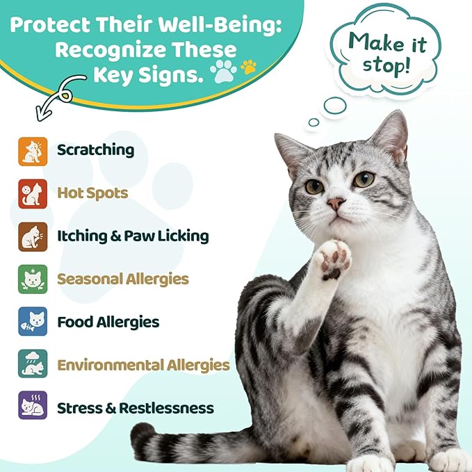 Natural Allergy Relief for Cats, Cat Itchy Skin Allergy Relief - Omega 3 & Probiotic for Allergies Cats, Cat Itch Relief - Skin & Coat Health, Immune Support, Seasonal Allergies - Chicken Flavor