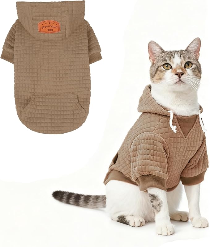 BEAUTYZOO Small Dog Hoodie Sweater with Pockets, Dog Clothes for Small Medium Dogs Boy Girl, Waffle-Like Laminated Cotton Pet Coats with Hat and Leash Hole, Khaki XXS