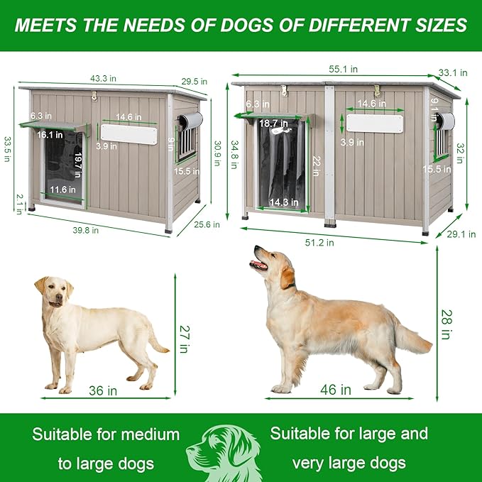 Dog House Outdoor Weatherproof & Wooden Dog Kennel with Chew-Proof Iron Frame，Removable Floor, Adjustable Vent Window, Easy Assembly for Medium Dogs (43.3" L x 29.5" W x 33.5" H)